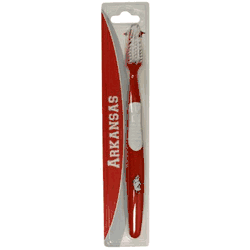 A great way to show off your team spirit! Our licensed toothbrushes have opposing angled bristles to reach between teeth with each forward and backward stroke. The extended tip accesses hard-to-reach areas of the mouth. Cool Arkansas Razorbacks graphics and colors.
