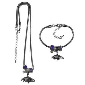 Baltimore Ravens Euro Bead Necklace and Bracelet Set
