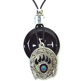 Bear Paw Adjustable Cord Necklace with Onyx Colored Disc