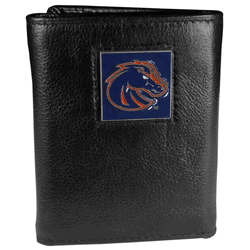 Boise State Broncos Deluxe Leather Tri-fold Wallet Packaged in Gift Box