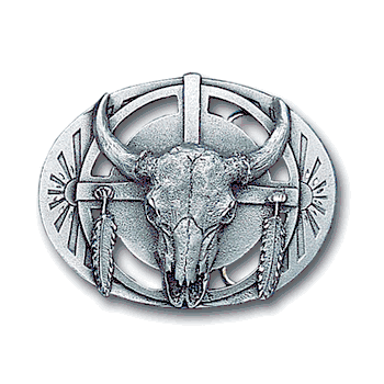 Buffalo Skull/Feathers Antiqued Belt Buckle