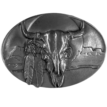 Buffalo Skull/Feathers Antiqued Belt Buckle