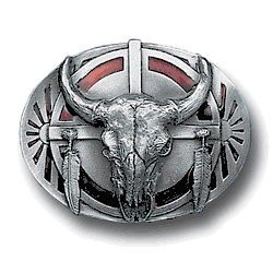 Buffalo Skull/Feathers Enameled Belt Buckle