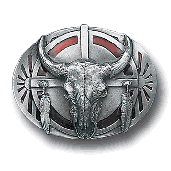 Buffalo Skull/Feathers Enameled Belt Buckle