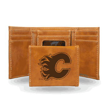 Calgary Flames Brown Laser Engraved Tri-Fold Wallet