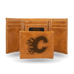 Calgary Flames Brown Laser Engraved Tri-Fold Wallet