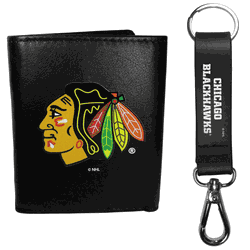 Chicago Blackhawks Leather Tri-fold Wallet & Strap Key Chain