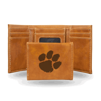 Clemson Tigers Brown Laser Engraved Faux Leather Trifold