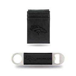 Denver Broncos Black Laser Engraved Front Pocket Wallet & Bar Blade
