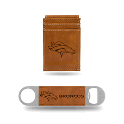 Denver Broncos Brown Laser Engraved Front Pocket Wallet & Bar Blade