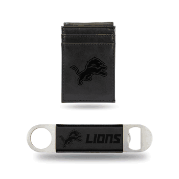 Detroit Lions Black Laser Engraved Front Pocket Wallet & Bar Blade