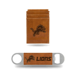 Detroit Lions Brown Laser Engraved Front Pocket Wallet & Bar Blade