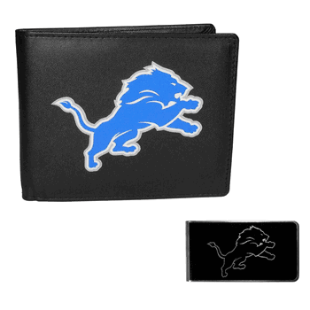 Detroit Lions Leather Bi-fold Wallet & Black Money Clip