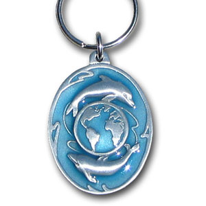 Dolphins and Earth Metal Key Chain with Enameled Details