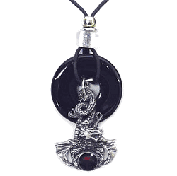 Dragon & Stone Adjustable Cord Necklace with Onyx Colored Disc