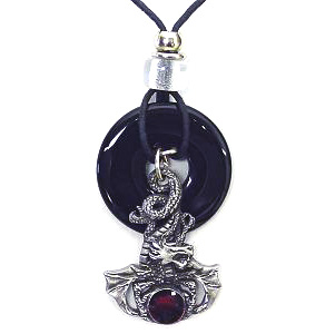 Dragon & Stone Adjustable Cord Necklace with Onyx Colored Disc
