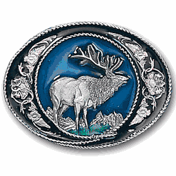 Elk with Scroll Enameled Belt Buckle