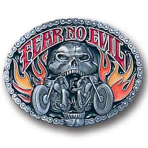 Fear No Evil Skull/Motorcycle Enameled Belt Buckle