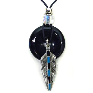 Feather Adjustable Cord Necklace with Onyx Colored Disc