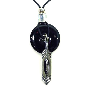 Feather Adjustable Cord Necklace with Onyx Colored Disc