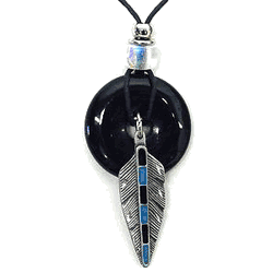 Feather Adjustable Cord Necklace with Onyx Colored Disc