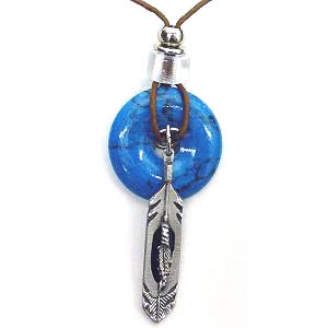 Feather Adjustable Cord Necklace with Torquoise Colored Disc