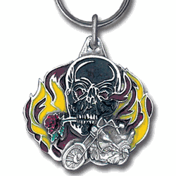 Flaming Skull Metal Key Chain with Enameled Details