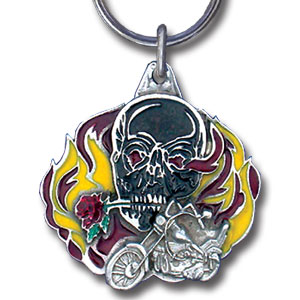 Flaming Skull Metal Key Chain with Enameled Details
