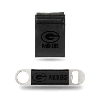 Green Bay Packers Black Laser Engraved Front Pocket Wallet & Bar Blade
