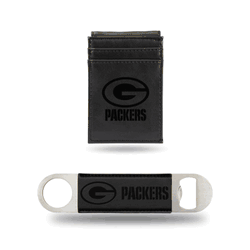 Green Bay Packers Black Laser Engraved Front Pocket Wallet & Bar Blade