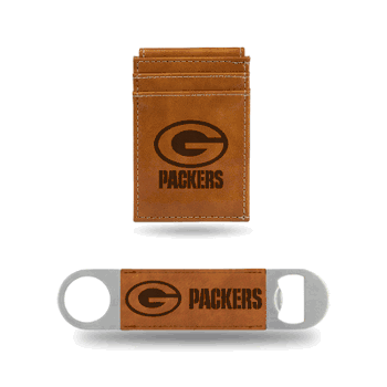 Green Bay Packers Brown Laser Engraved Front Pocket Wallet & Bar Blade