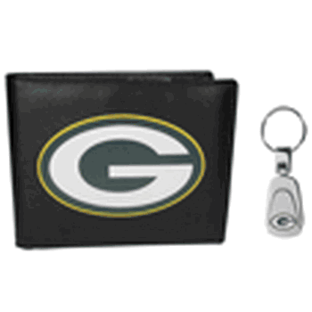 Green Bay Packers Leather Bi-fold Wallet & Steel Key Chain