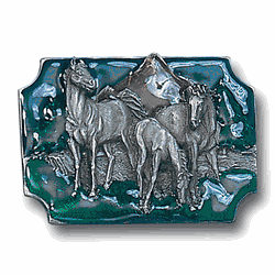 Horses Grazing Enameled Belt Buckle