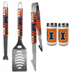 Illinois Fighting Illini 3 pc Tailgater BBQ Set and Salt and Pepper Shaker Set