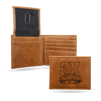 Kansas City Chiefs 3 Time Super Bowl Champions Laser Engraved Billfold Wallet