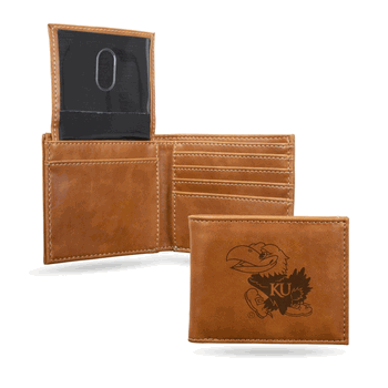 Kansas Jayhawks Brown Laser Engraved Billfold Wallet