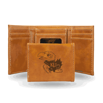 Kansas Jayhawks Brown Laser Engraved Tri-Fold Wallet