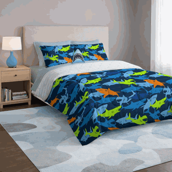 Kids Shark Adventure Bed In A Bag with Decorative Throw Pillow Full