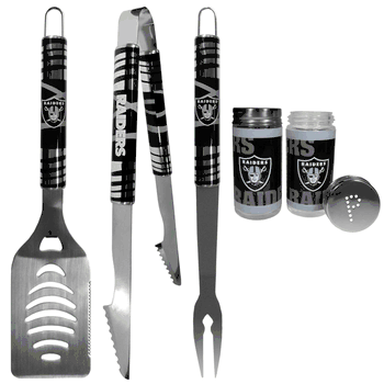 Las Vegas Raiders 3 pc Tailgater BBQ Set and Salt and Pepper Shaker Set