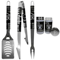 Las Vegas Raiders 3 pc Tailgater BBQ Set and Salt and Pepper Shaker Set