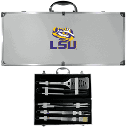 LSU Tigers 8 pc Stainless Steel BBQ Set with Metal Case