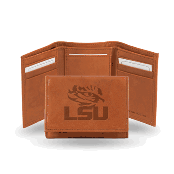 LSU Tigers  Brown Embossed Genuine Leather Tri-Fold Wallet