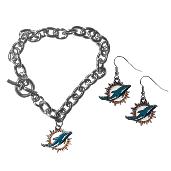 Miami Dolphins Chain Bracelet and Dangle Earring Set