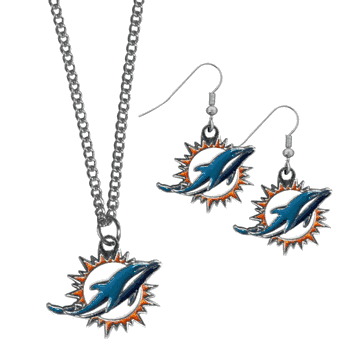 Miami Dolphins Dangle Earrings and Chain Necklace Set