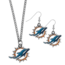 Miami Dolphins Dangle Earrings and Chain Necklace Set