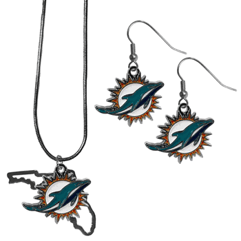 Miami Dolphins Dangle Earrings and State Necklace Set