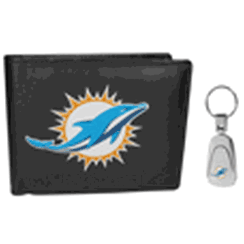 Miami Dolphins Leather Bi-fold Wallet & Steel Key Chain