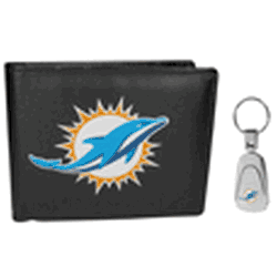 Miami Dolphins Leather Bi-fold Wallet & Steel Key Chain