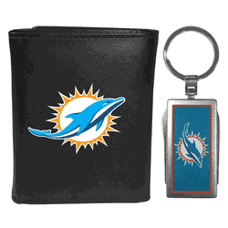 Miami Dolphins Leather Tri-fold Wallet & Multitool Key Chain, Black