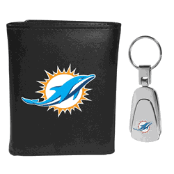 Miami Dolphins Leather Tri-fold Wallet & Steel Key Chain